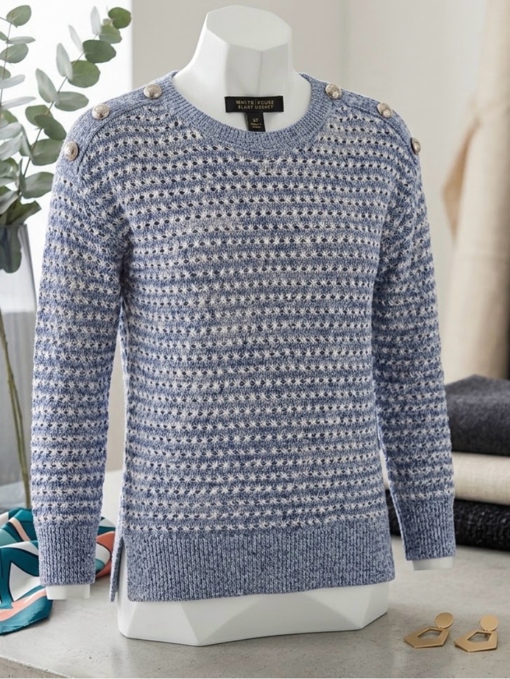 White House Black Market Blue Heathered Crewneck Sweater with Shoulder Buttons